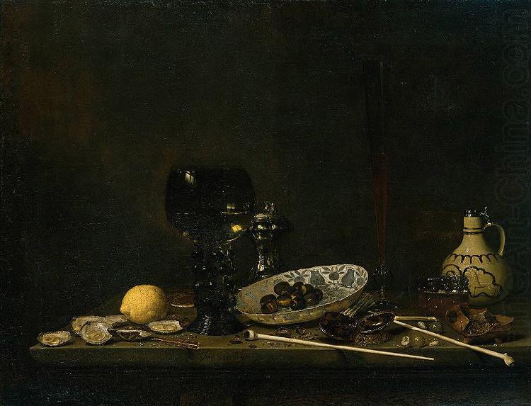 Jan van de Velde Still life with wineglass, flute glass, earthenware jug and pipes china oil painting image
